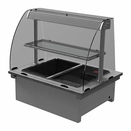 Drop-in dry heat bain-marie with curved glass and shelf, model D2BMD