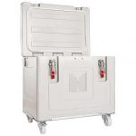 Insulated container for dry ice - shown with lid open